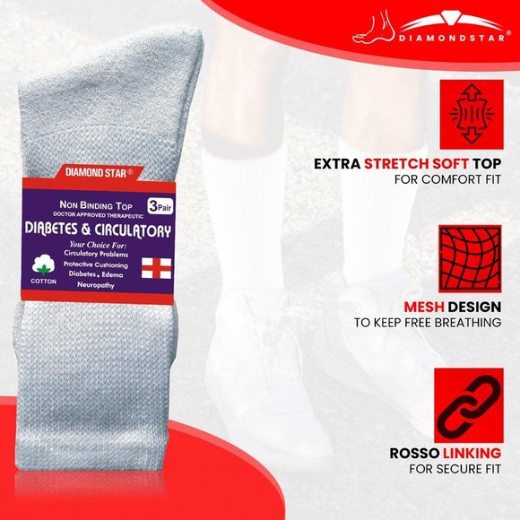 Diabetic Socks, Non-Binding Circulatory Cushion Cotton Crew Diabetic Socks White - Picture 2 of 8